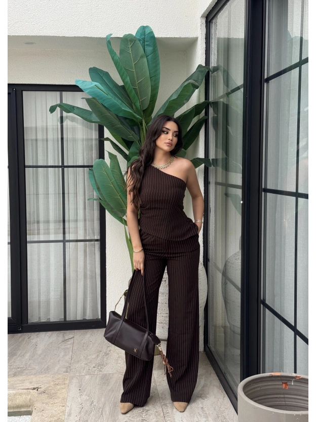 Kahverengi Çizgili Tek Omuz Double Alt Üst Takım