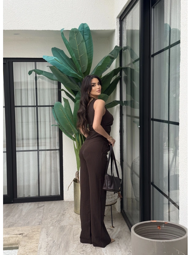 Kahverengi Çizgili Tek Omuz Double Alt Üst Takım