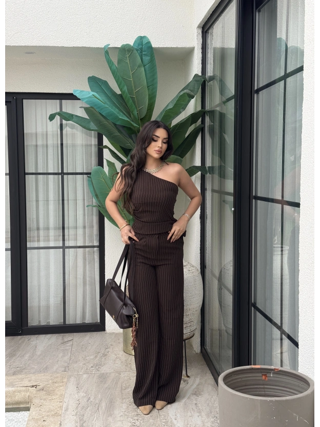 Kahverengi Çizgili Tek Omuz Double Alt Üst Takım