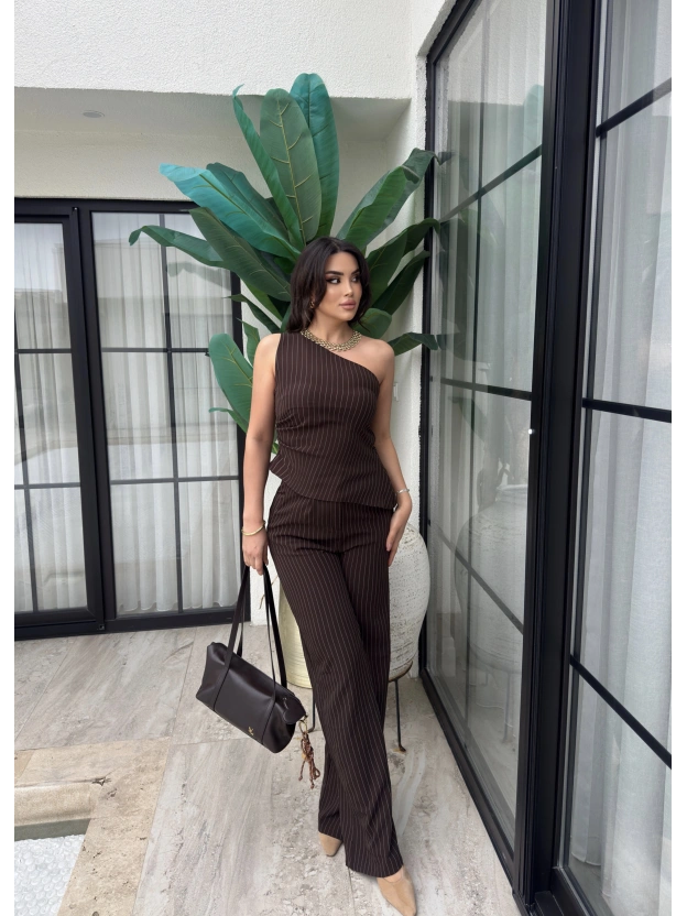 Kahverengi Çizgili Tek Omuz Double Alt Üst Takım