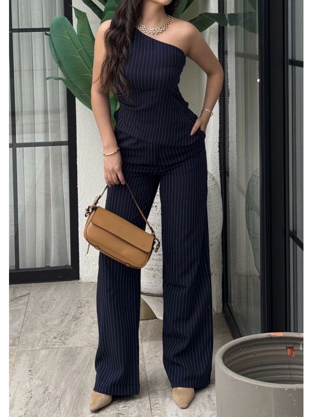 Lacivert Çizgili Tek Omuz Double Alt Üst Takım