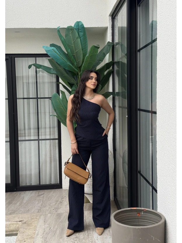 Lacivert Çizgili Tek Omuz Double Alt Üst Takım