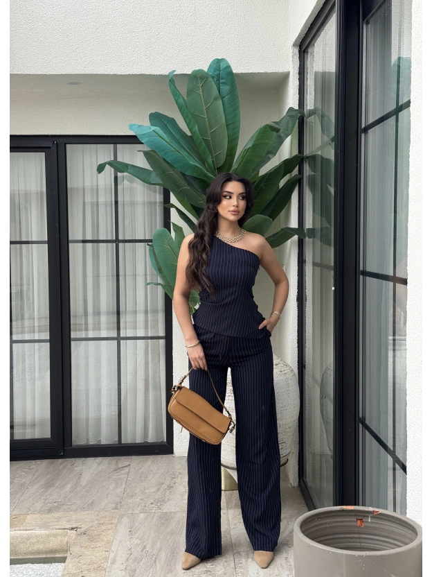 Lacivert Çizgili Tek Omuz Double Alt Üst Takım