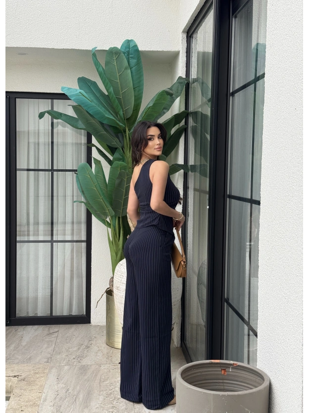 Lacivert Çizgili Tek Omuz Double Alt Üst Takım