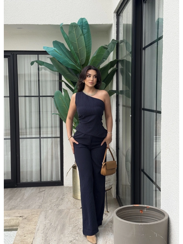 Lacivert Çizgili Tek Omuz Double Alt Üst Takım