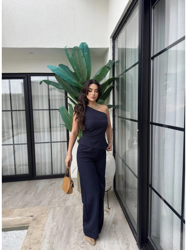 Lacivert Çizgili Tek Omuz Double Alt Üst Takım