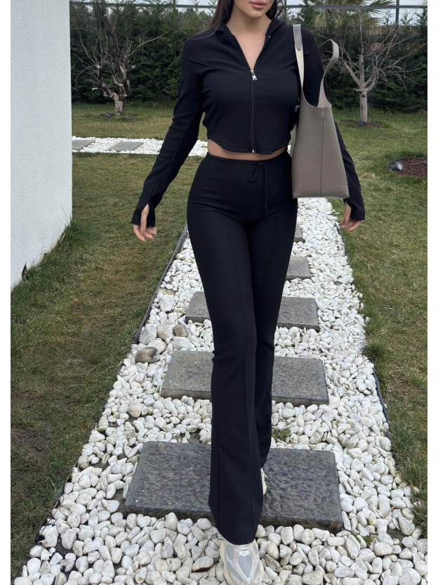 Siyah Fitilli Kapüşonlu Tayt Takım