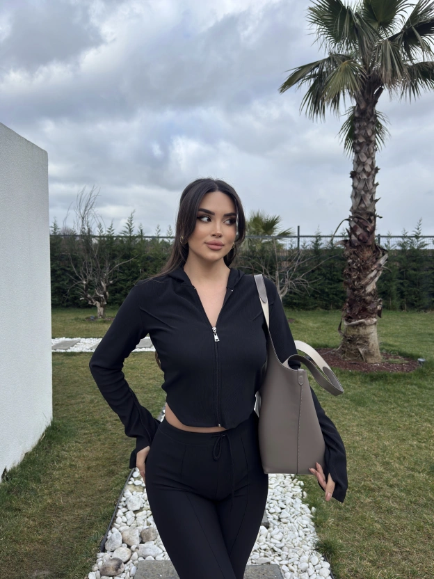 Siyah Fitilli Kapüşonlu Tayt Takım