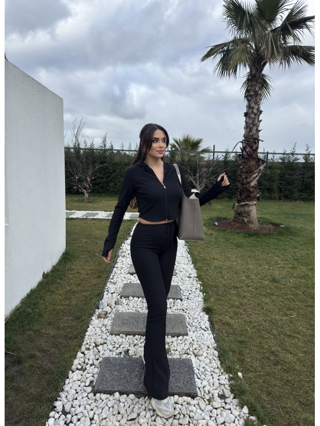 Siyah Fitilli Kapüşonlu Tayt Takım