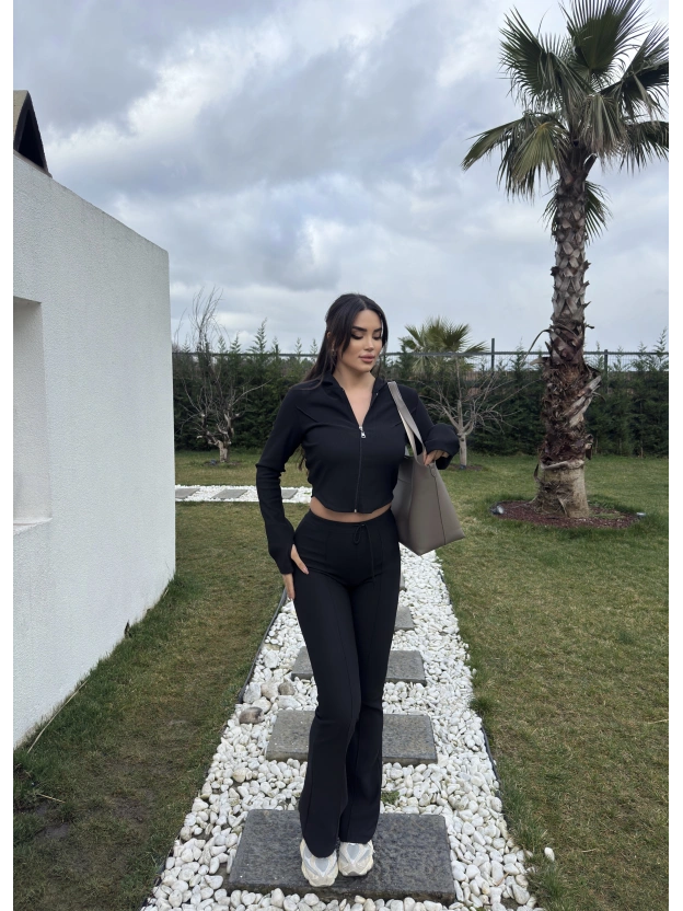 Siyah Fitilli Kapüşonlu Tayt Takım