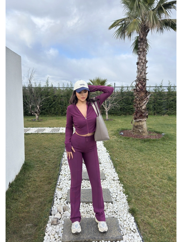 Mürdüm Fitilli Kapüşonlu Tayt Takım