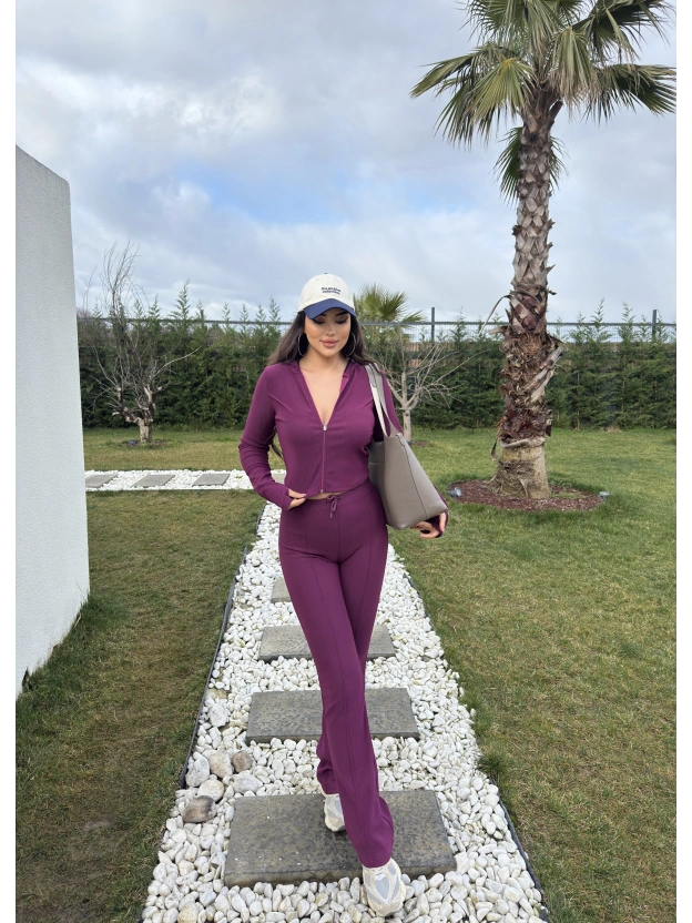 Mürdüm Fitilli Kapüşonlu Tayt Takım