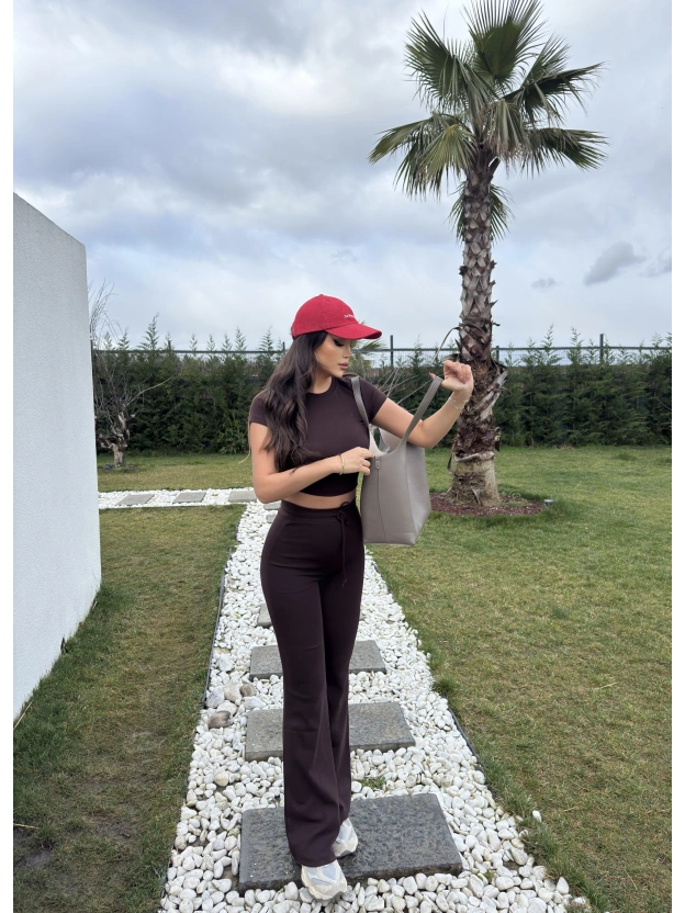 Kahverengi Kısa Kollu Brshk Tayt Pantolon Takım