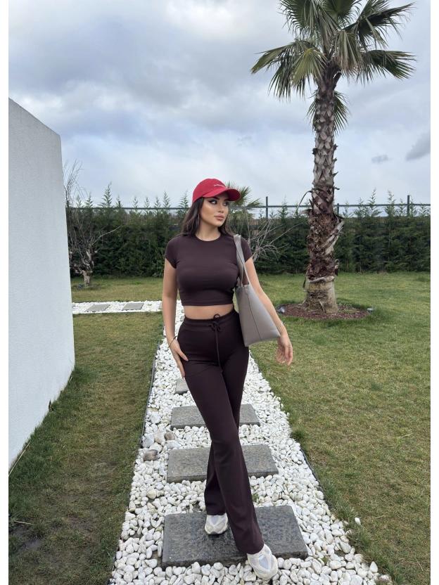 Kahverengi Kısa Kollu Brshk Tayt Pantolon Takım