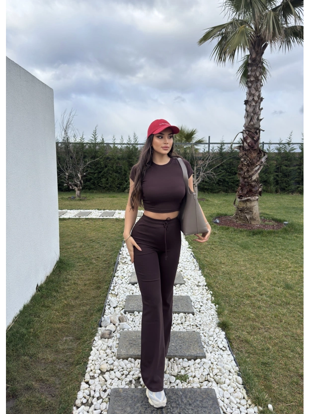 Kahverengi Kısa Kollu Brshk Tayt Pantolon Takım