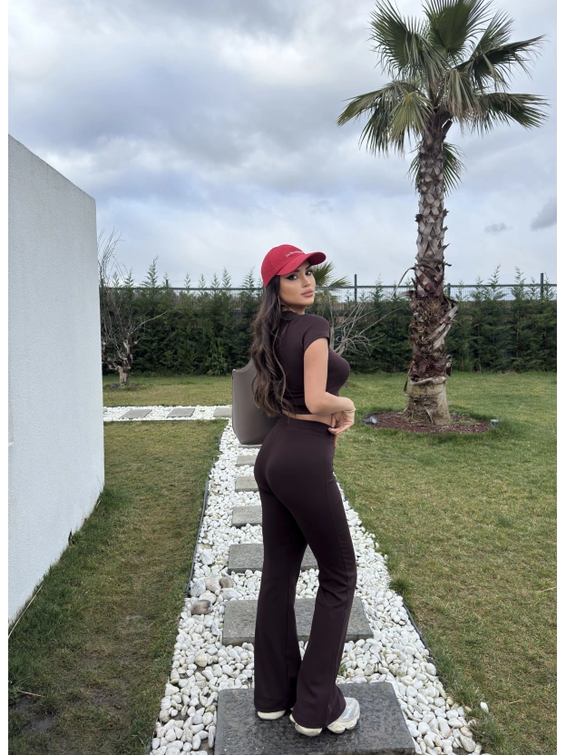 Kahverengi Kısa Kollu Brshk Tayt Pantolon Takım