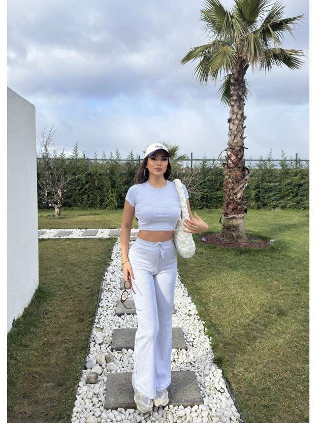 Gri Kısa Kollu Brshk Tayt Pantolon Takım