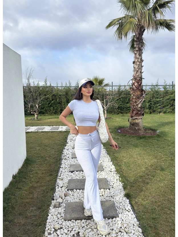 Gri Kısa Kollu Brshk Tayt Pantolon Takım