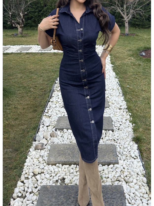 Koyu Mavi Drapeli Düğme Detay Elbise