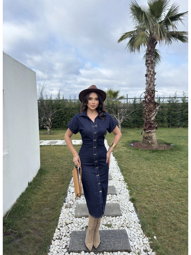 Koyu Mavi Drapeli Düğme Detay Elbise