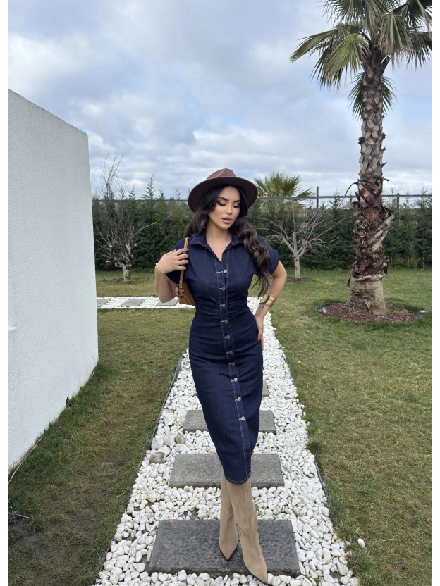 Koyu Mavi Drapeli Düğme Detay Elbise