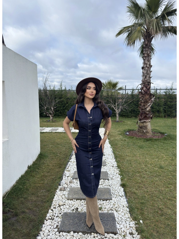 Koyu Mavi Drapeli Düğme Detay Elbise