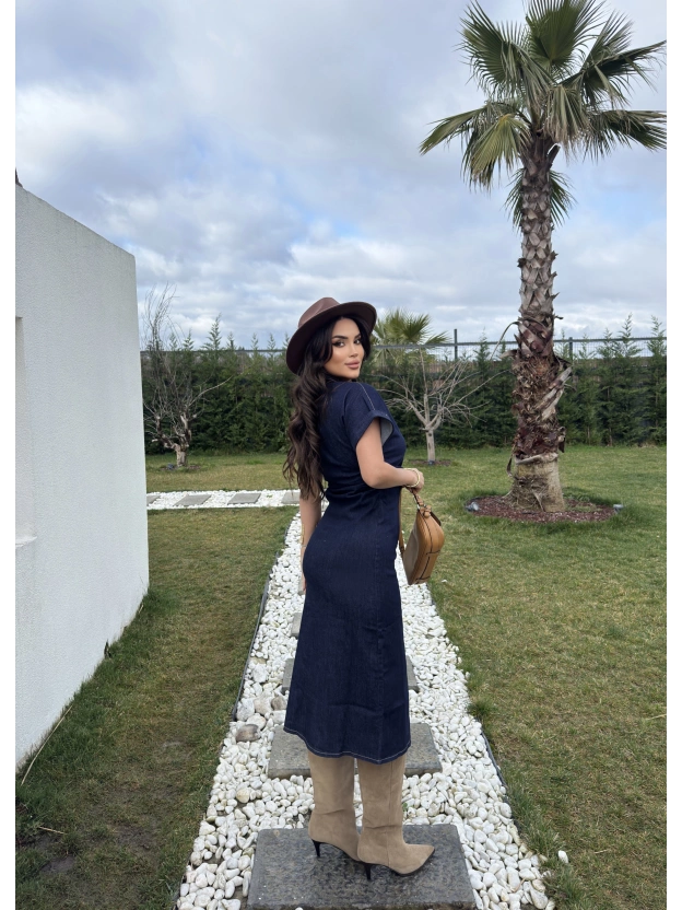 Koyu Mavi Drapeli Düğme Detay Elbise