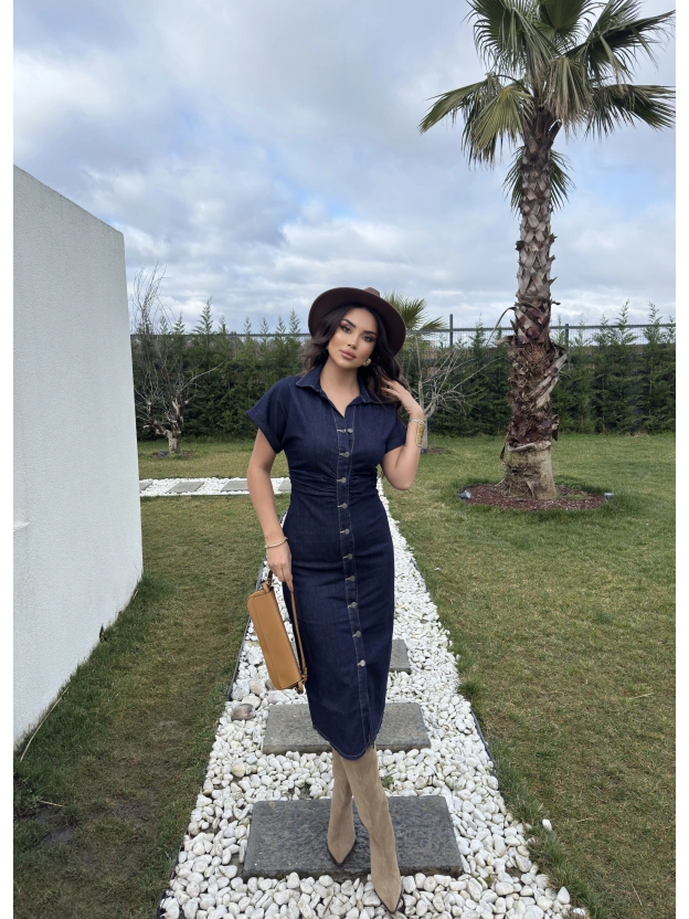 Koyu Mavi Drapeli Düğme Detay Elbise