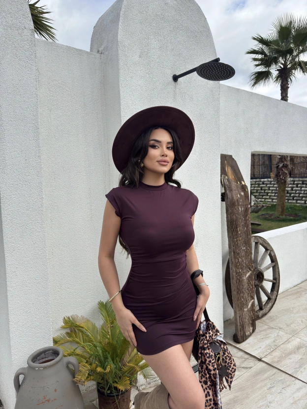 Mürdüm Dik Yaka Mini Elbise