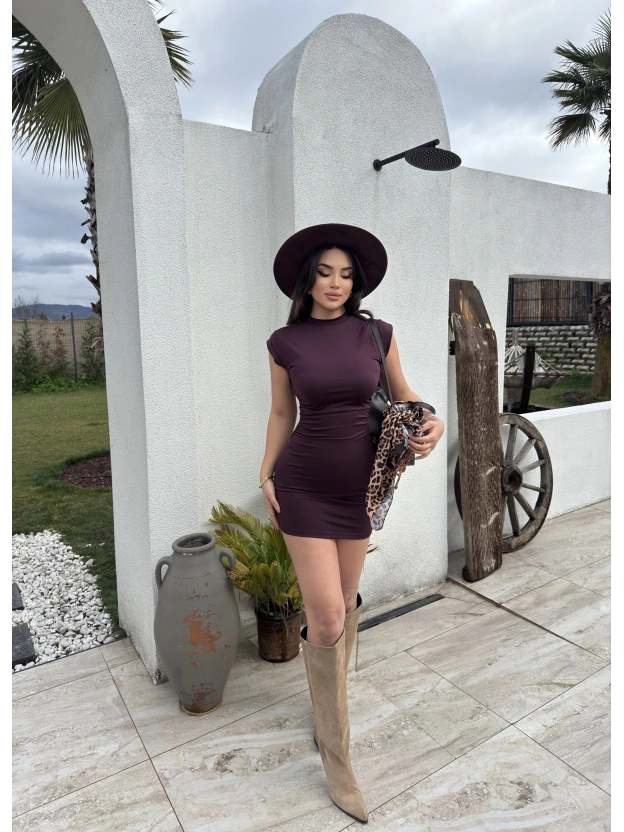 Mürdüm Dik Yaka Mini Elbise