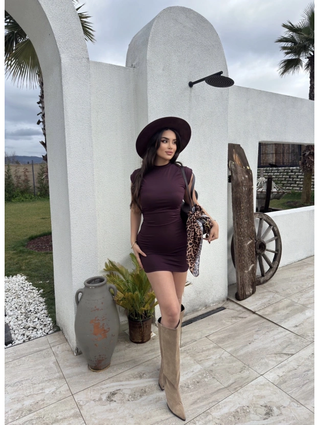 Mürdüm Dik Yaka Mini Elbise