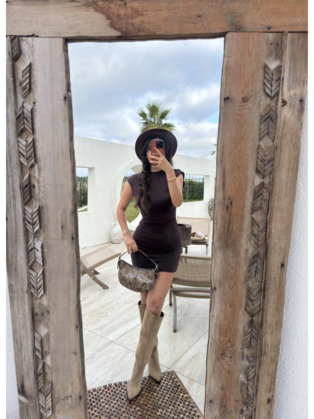 Kahverengi Dik Yaka Mini Elbise