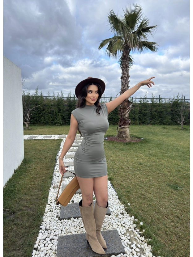 Yeşil Dik Yaka Mini Elbise