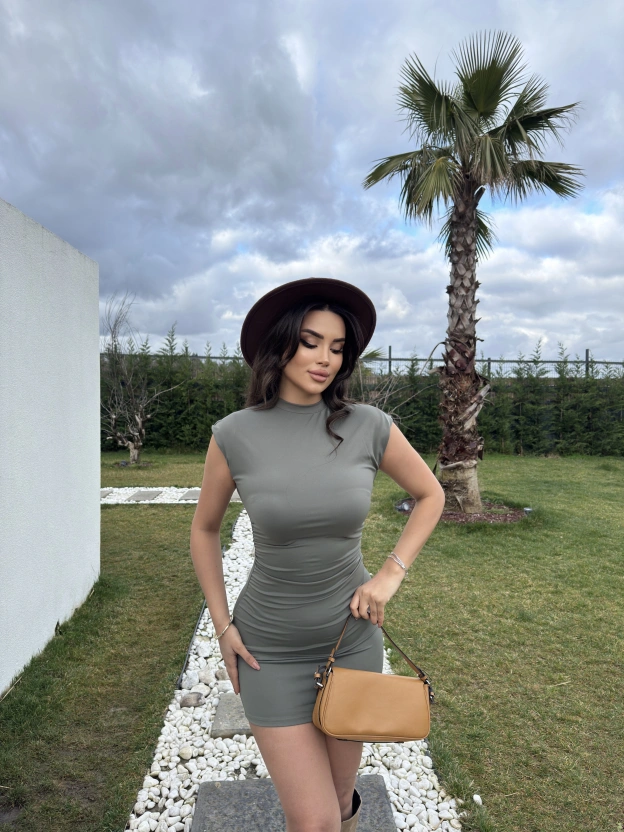 Yeşil Dik Yaka Mini Elbise