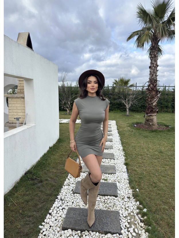 Yeşil Dik Yaka Mini Elbise