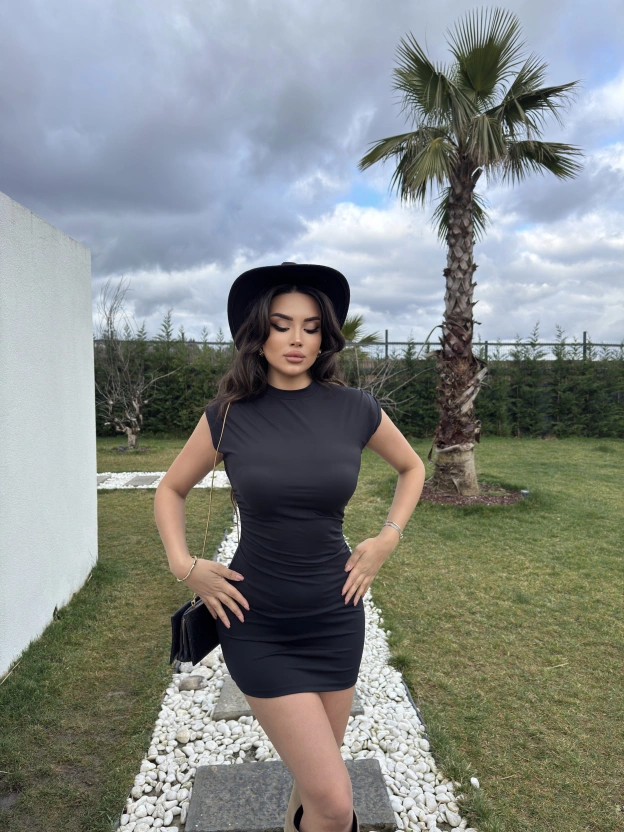Siyah Dik Yaka Mini Elbise