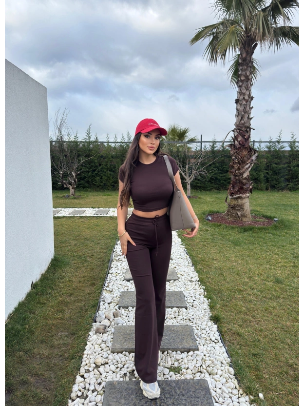 Kahverengi Kısa Kollu Brshk Tayt Pantolon Takım