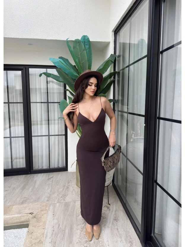 Kahverengi V Yaka Uzun Premium Elbise