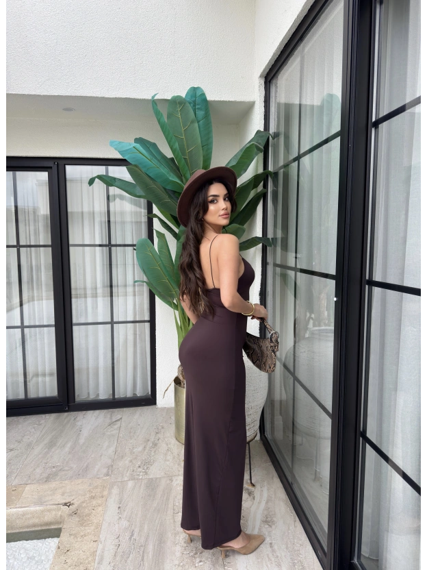 Kahverengi V Yaka Uzun Premium Elbise