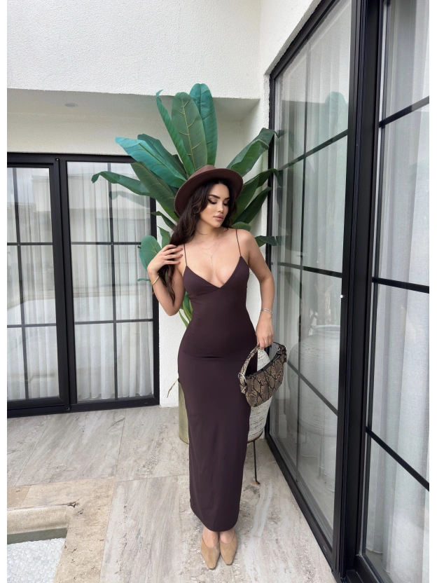 Kahverengi V Yaka Uzun Premium Elbise