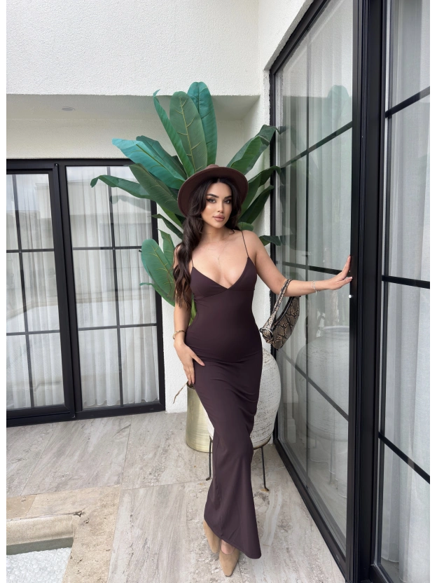 Kahverengi V Yaka Uzun Premium Elbise