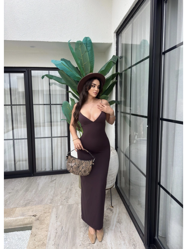 Kahverengi V Yaka Uzun Premium Elbise