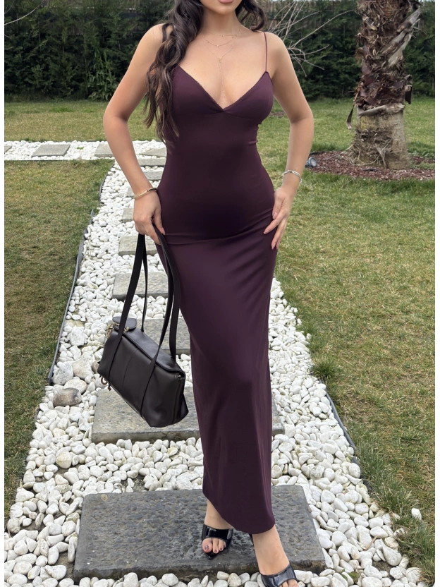 Mürdüm V Yaka Uzun Premium Elbise