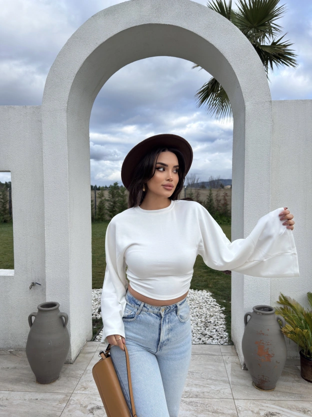 Beyaz Bisiklet Yaka İspanyol Kol Crop Tshırt