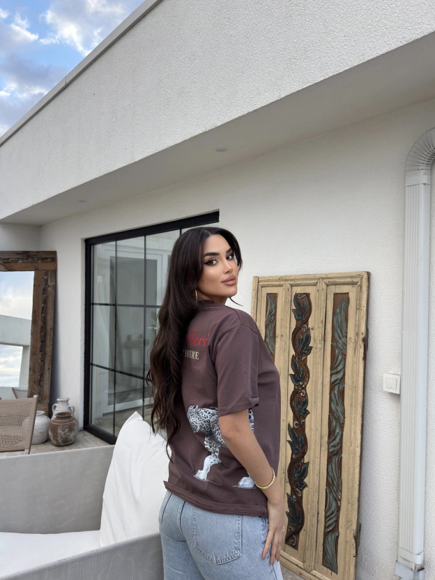 Kahverengi Baskılı Oversize Tshırt