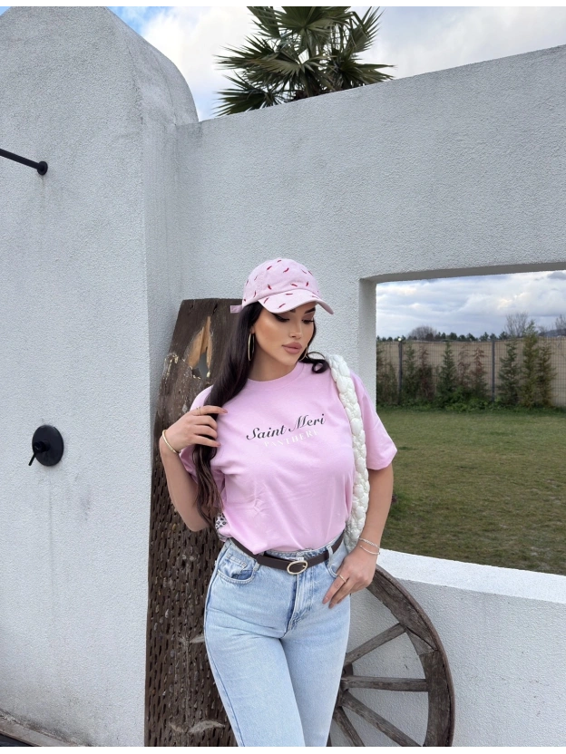 Pembe  Baskılı Oversize Tshırt