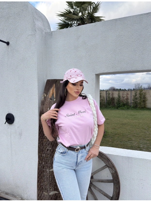 Pembe  Baskılı Oversize Tshırt