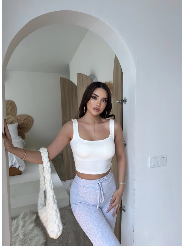 Beyaz Kalın Askılı Gloplu Basic Crop