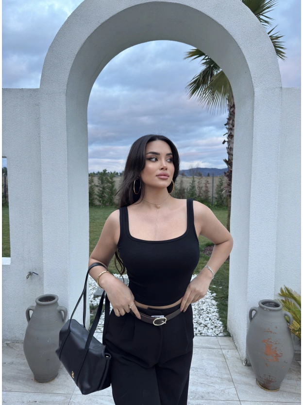 Siyah Kalın Askılı Gloplu Basic Crop