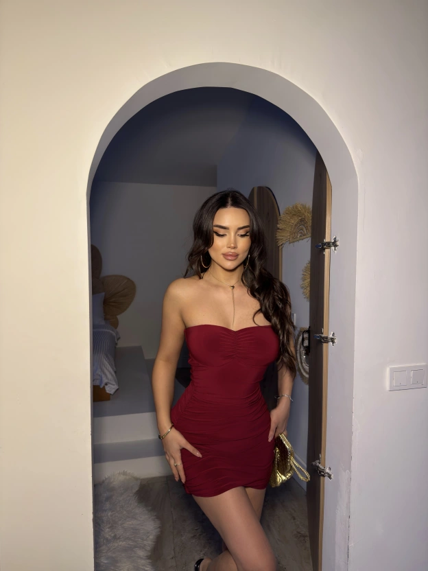 Bordo Gloplu Drapeli Mini Elbise